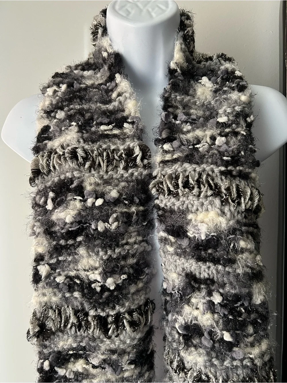 Handcrafted Black and Cream Textured Knit Scarf